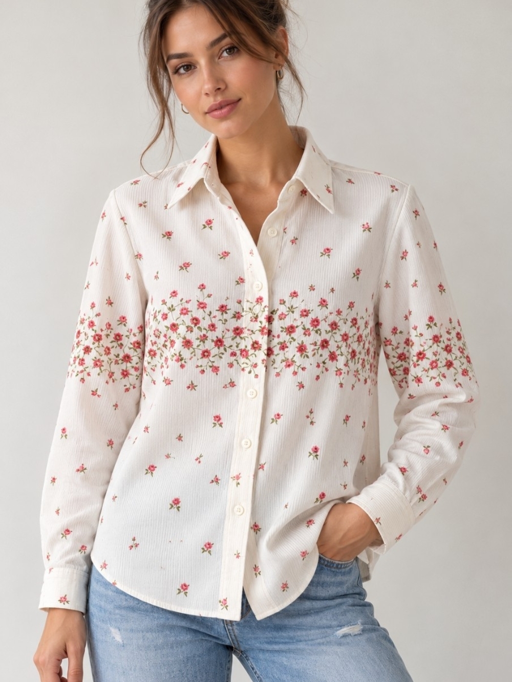 Escada Sport Floral Micro Corduroy Button Down Shirt Size 36